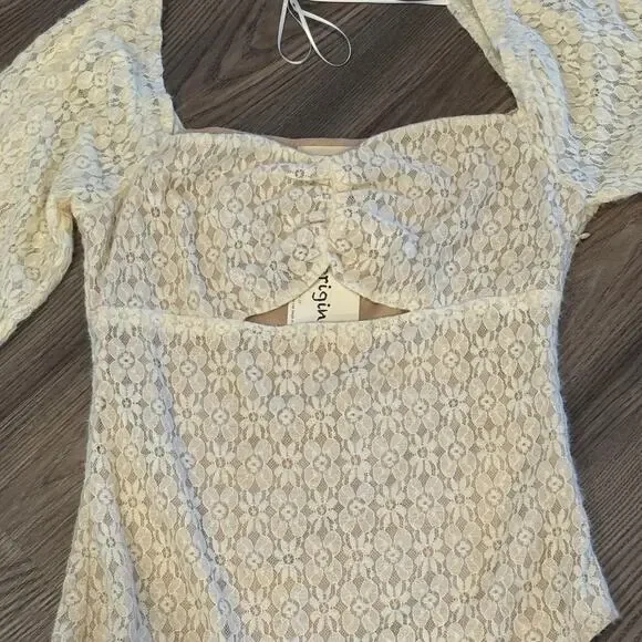 b.original Lace Bodysuit Medium Ivory Sweetheart Neck Boho Cottagecore Top - Picture 2 of 7